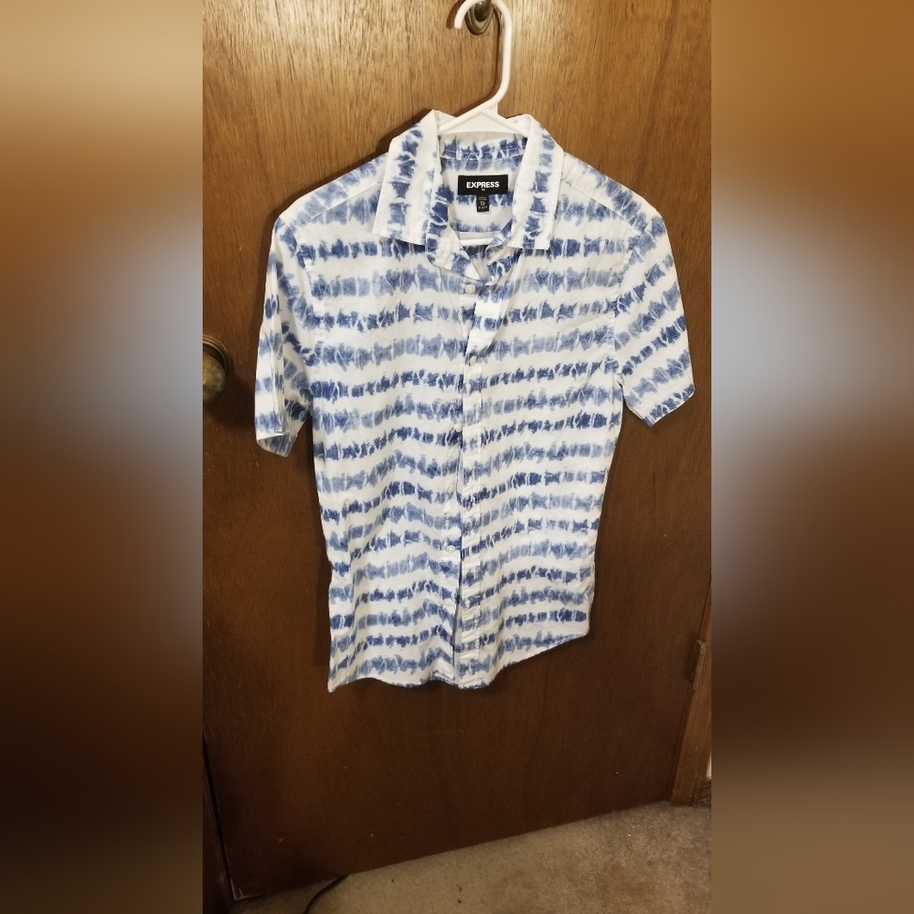 Express Blue and White Casual Button Down Shirt